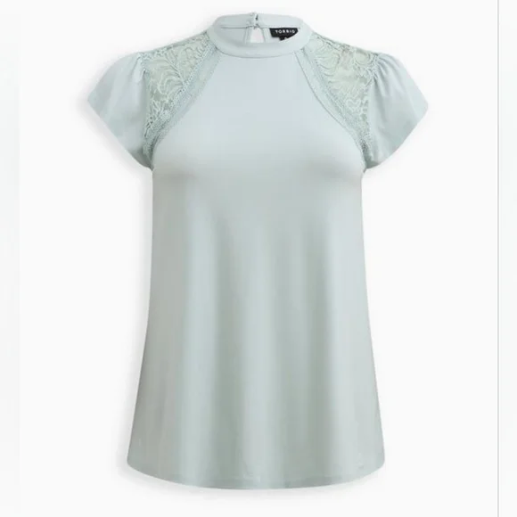 Torrid plus lace shoulders mock neck jersey knit top, 5X, mint blue/ aqua - Picture 4 of 13